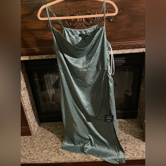 Lulu’s sage green satin animal print slip dress. - Picture 2 of 7